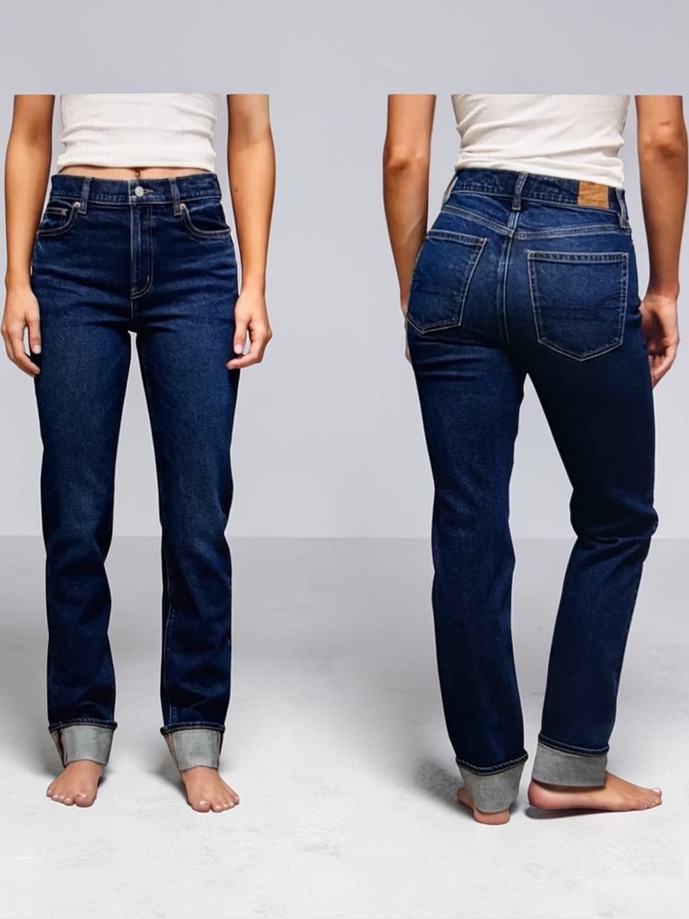 American Eagle AE Stretch Super High Rise Straight Jeans Cuff Hem Size 6 Short